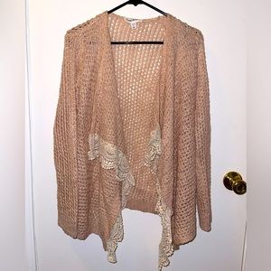 Cloud Chaser Sweater Cardigan, Peach with Lace Detailing, Girls XL (16)
